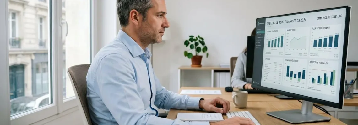 Dirigeant d'une PME française dans son bureau contemporain, analysant un tableau de bord financier sur écran d'ordinateur, documents de gestion sur bureau design minimaliste