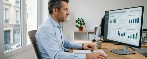 Dirigeant d'une PME française dans son bureau contemporain, analysant un tableau de bord financier sur écran d'ordinateur, documents de gestion sur bureau design minimaliste