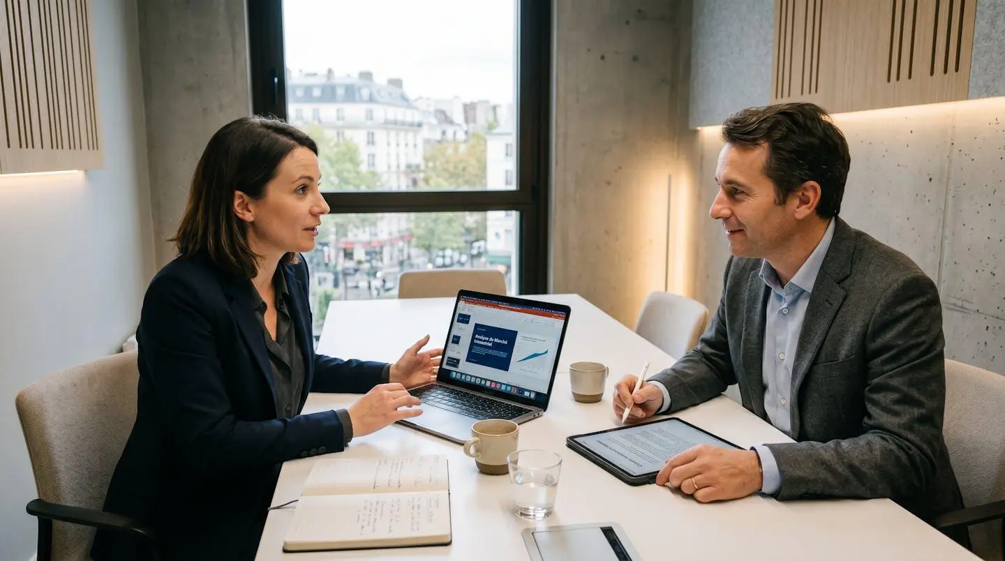 Deux professionnels en réunion commerciale dans un espace de coworking moderne, discutant autour d'un ordinateur portable présentant une offre commerciale