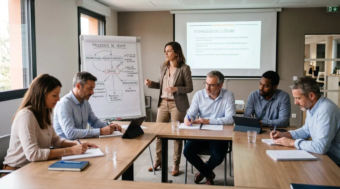 Session de formation professionnelle en entreprise, formatrice présentant des schémas commerciaux sur paperboard à un groupe de quatre participants prenant notes