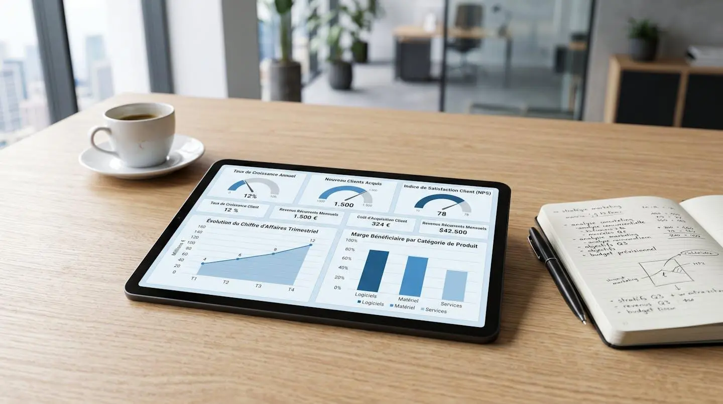 Tablette numérique sur bureau moderne affichant un tableau de bord de performance d'entreprise avec graphiques de CA, marges et KPIs, carnet de notes et café